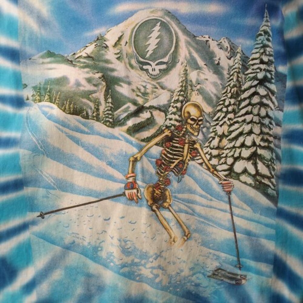 Vtg GRATEFUL DEAD Cropped Tee, L, Blue Tie-dye, Long sleeve, Skiing Skeleton - Picture 2 of 15